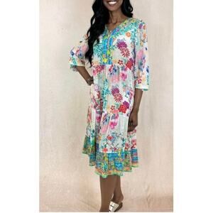 Shana Colorful Patchwork Viscose Silk Popover Midi Dress Women's Small Artsy